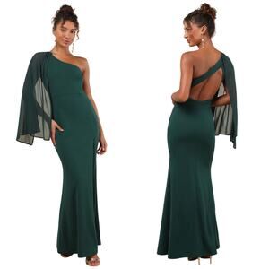 Lulus Majestic Attitude Emerald Cape Sleeve One-Shoulder Maxi Dress size XS NWT